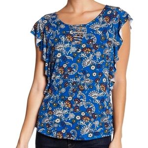 Bobeau Nordstrom Paisley Blouse Blue Floral Shirt Flutter Womens Small